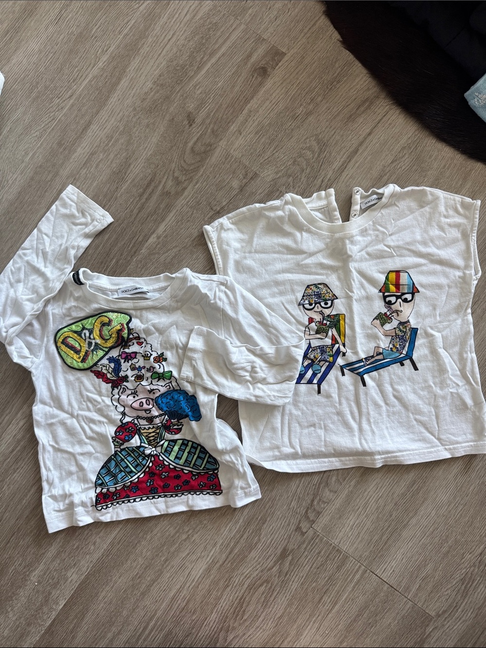 Dolce & Gabbana White Kids Long Sleeve Tees with Colorful Character Prints